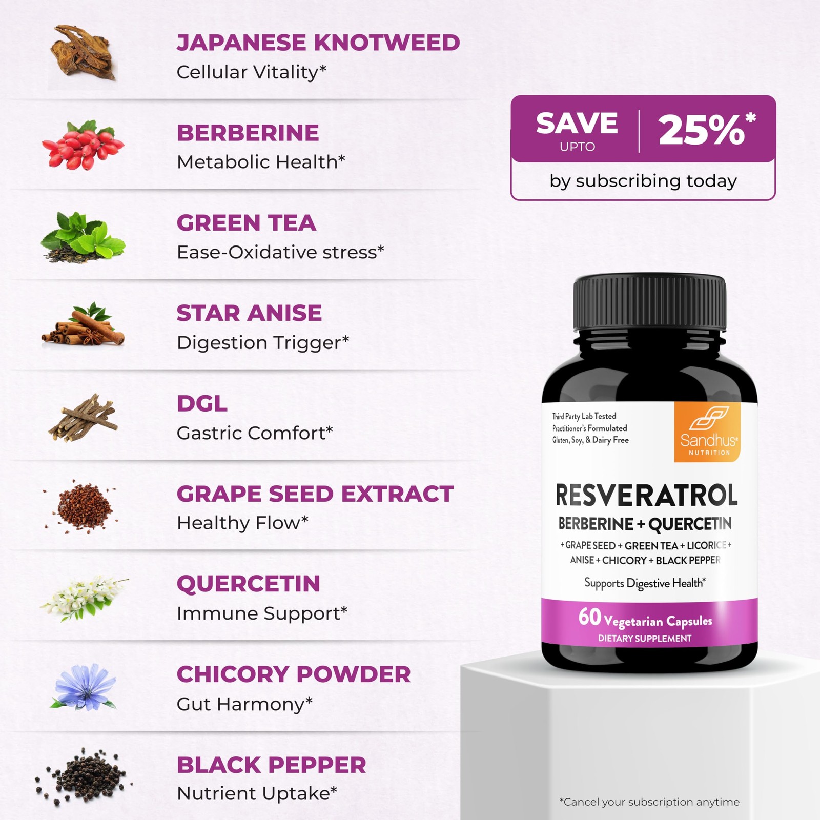 Resveratrol with Berberine Supplement For Gut Health 60 Count (Pack of 2)