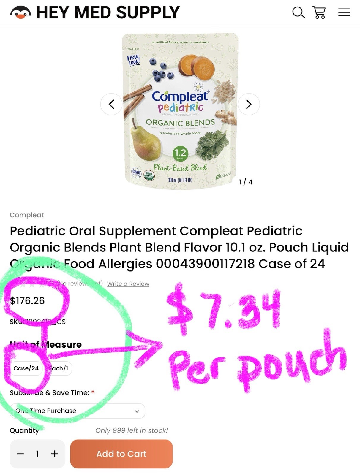 1 Box of 33 – Compleat Pediatric Organic Blend Plant Base Blended Tube Feeding