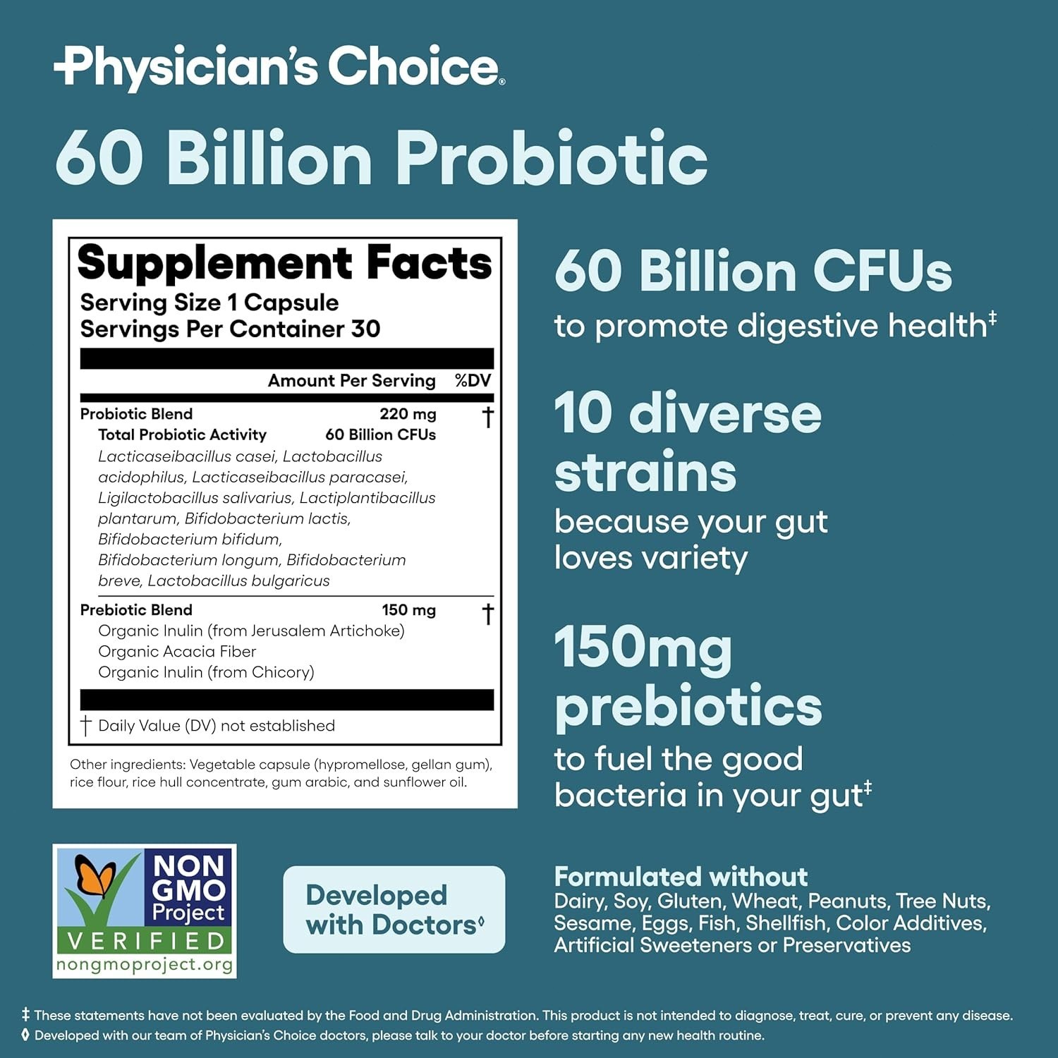 60 Billion CFU Probiotics Physician’s CHOICE Prebiotics Digestive Support 30ct
