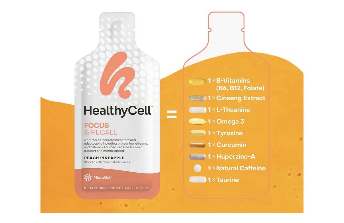 Healthycell Focus & Energy & Recall Gel Daily Liquid Brain Supplement 30 Gel Pak