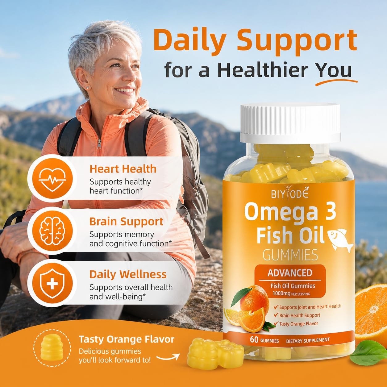 Omega-3 Fish Oil Supplements: Pure 1000mg 60 Count (Pack of 1), Orange