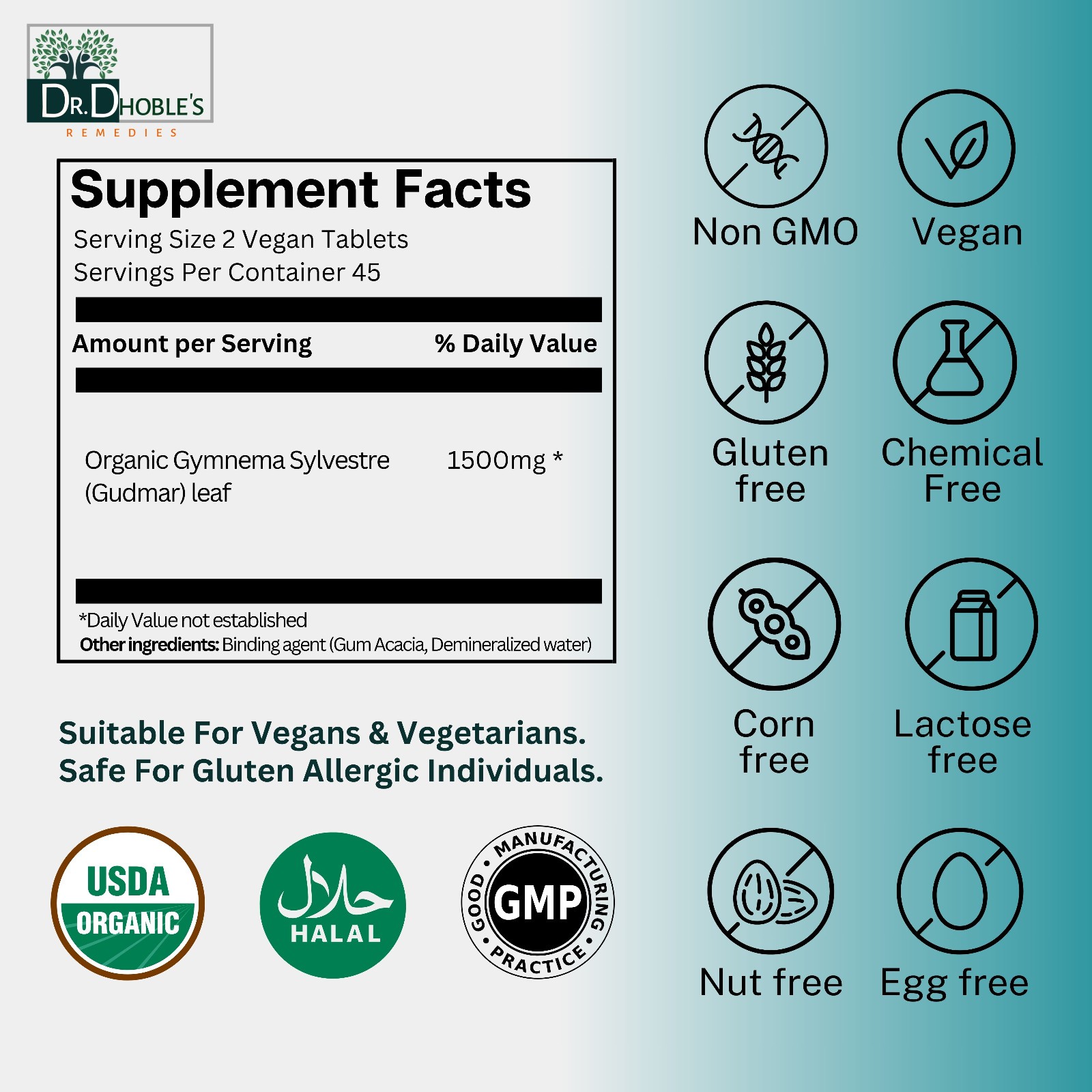 Gymnema Sylvestre, USDA Organic 1500mg Non-GMO, Made With Nature’s Glue 90 Tabs