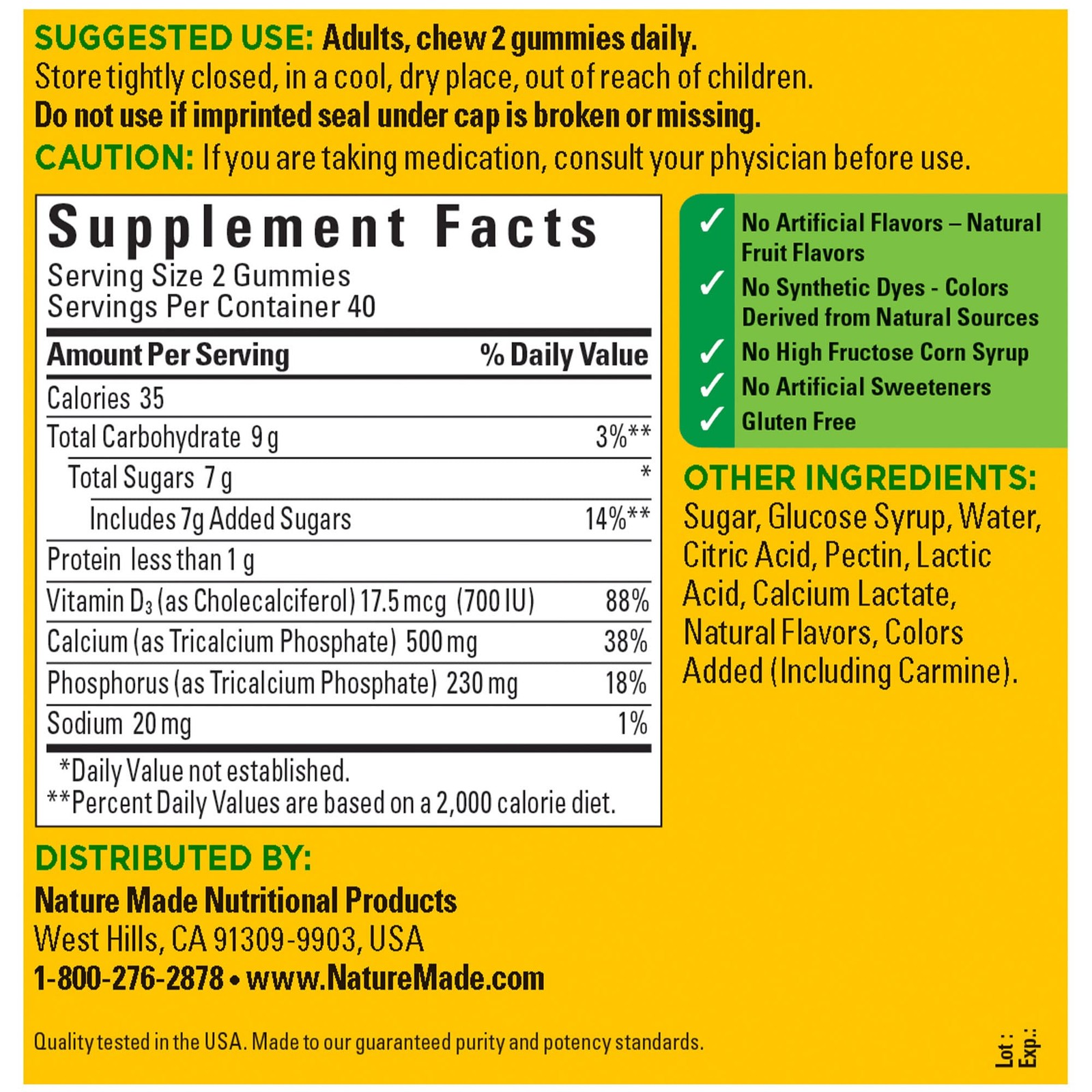 Nature Made Calcium Gummies 500 mg Per Serving with Vitamin D3, Dietary