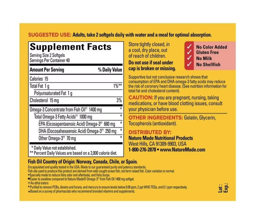 Nature Made Burp-Less Omega-3 from Fish Oil 1400 Mg Minis Softgels, 80 Count
