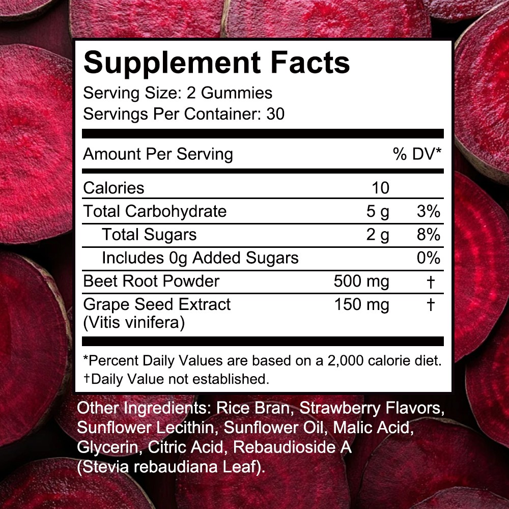 Beet Root Gummy 60 Pills Heart Health Boosts Circulation,Blood Pressure Support
