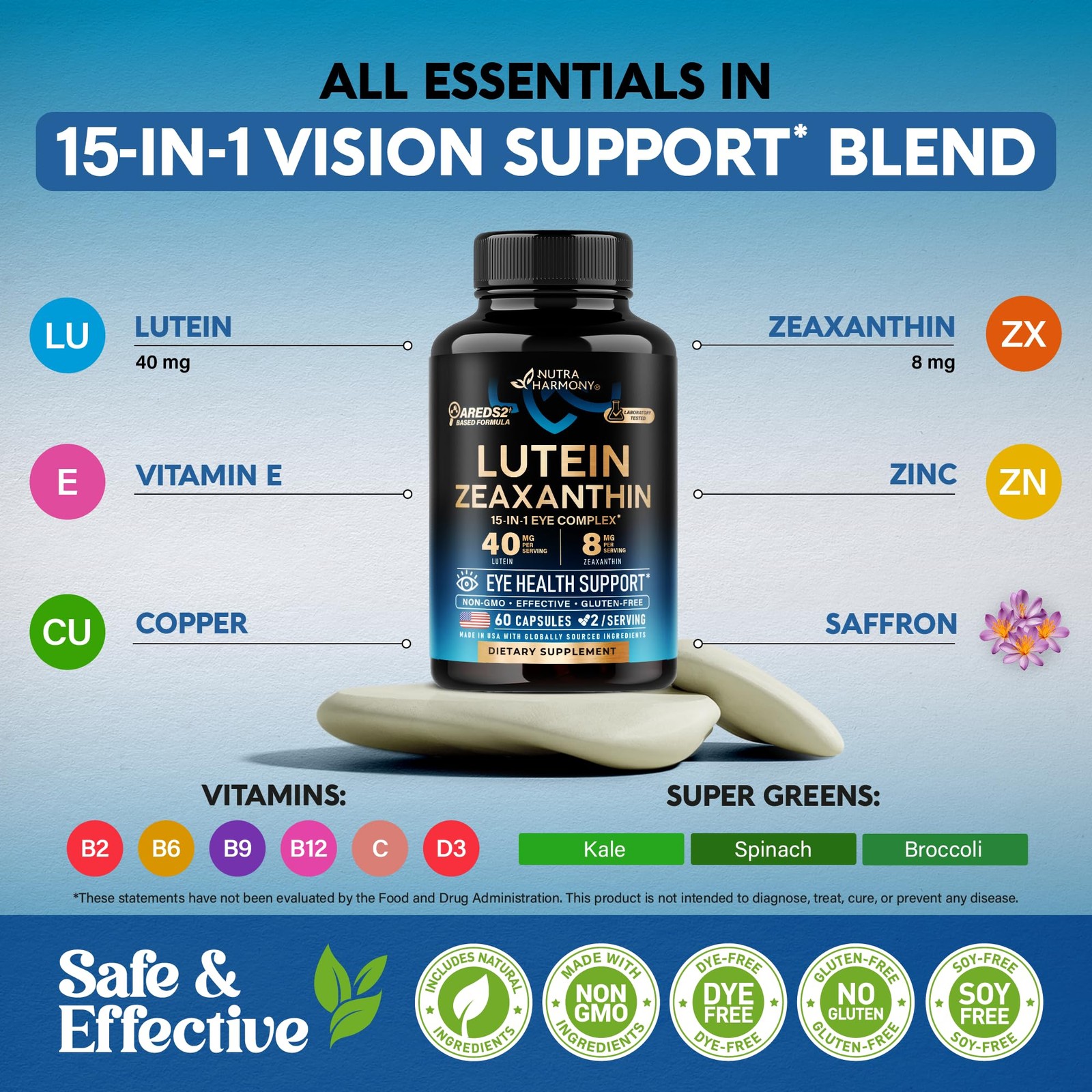 Eye Vitamins – Lutein and Zeaxanthin Supplements – 60 Count (Pack of 1)
