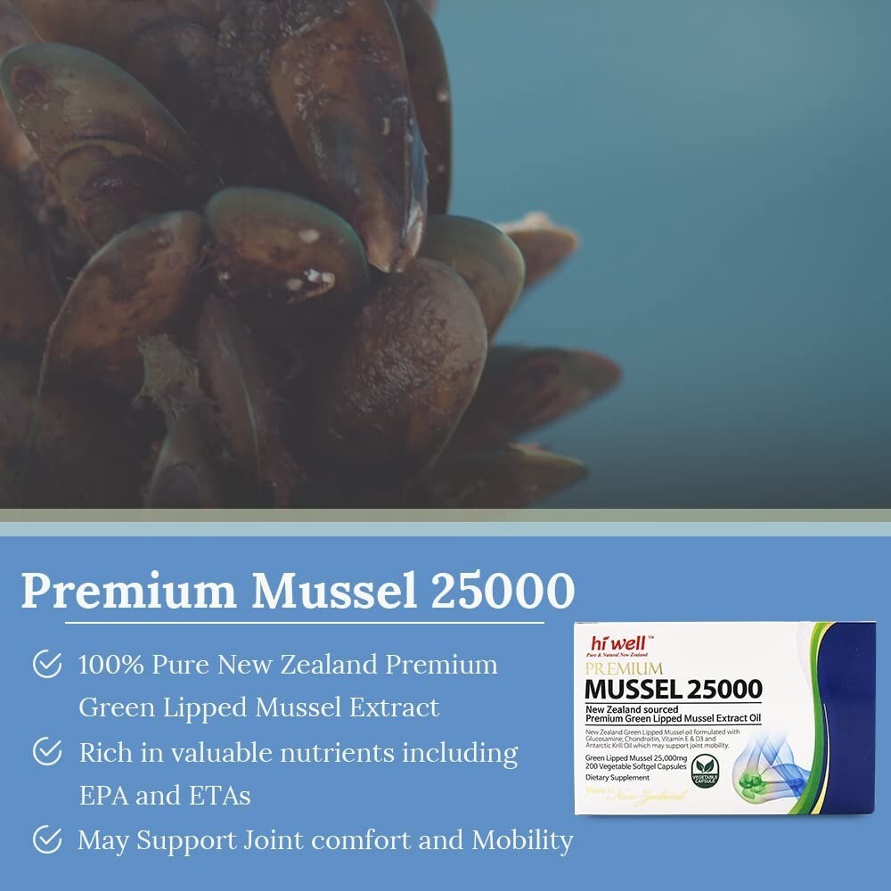 Hi well New Zealand Green Lipped Mussel Oil 25000 mg 200 Capsules Joint Support