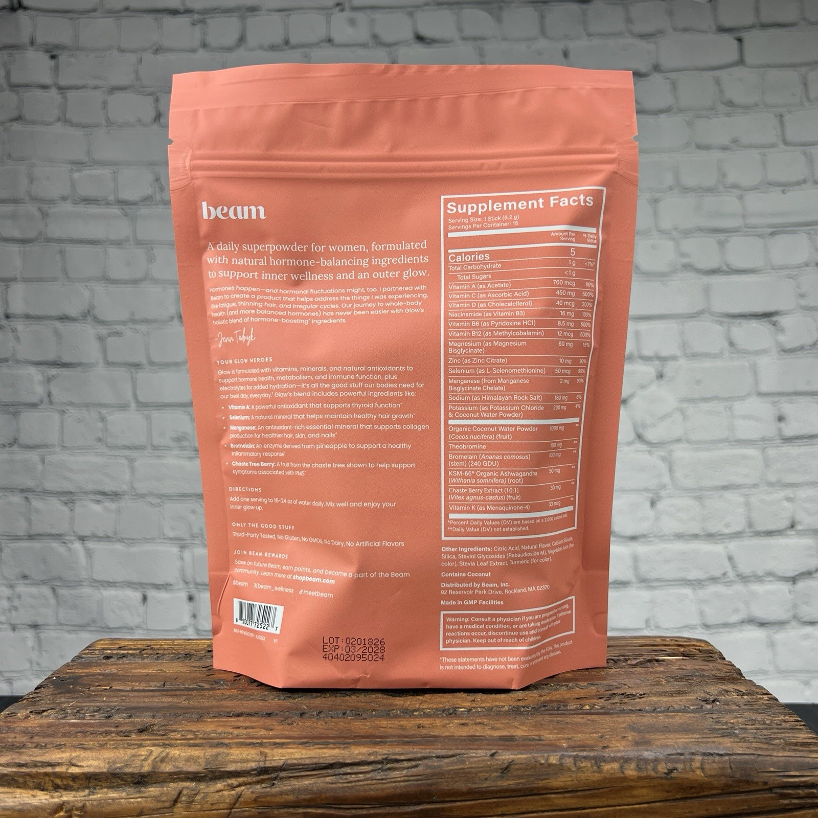 Beam Glow Supplement Peach Mango Powder Drink Mix 15 Stick Packs
