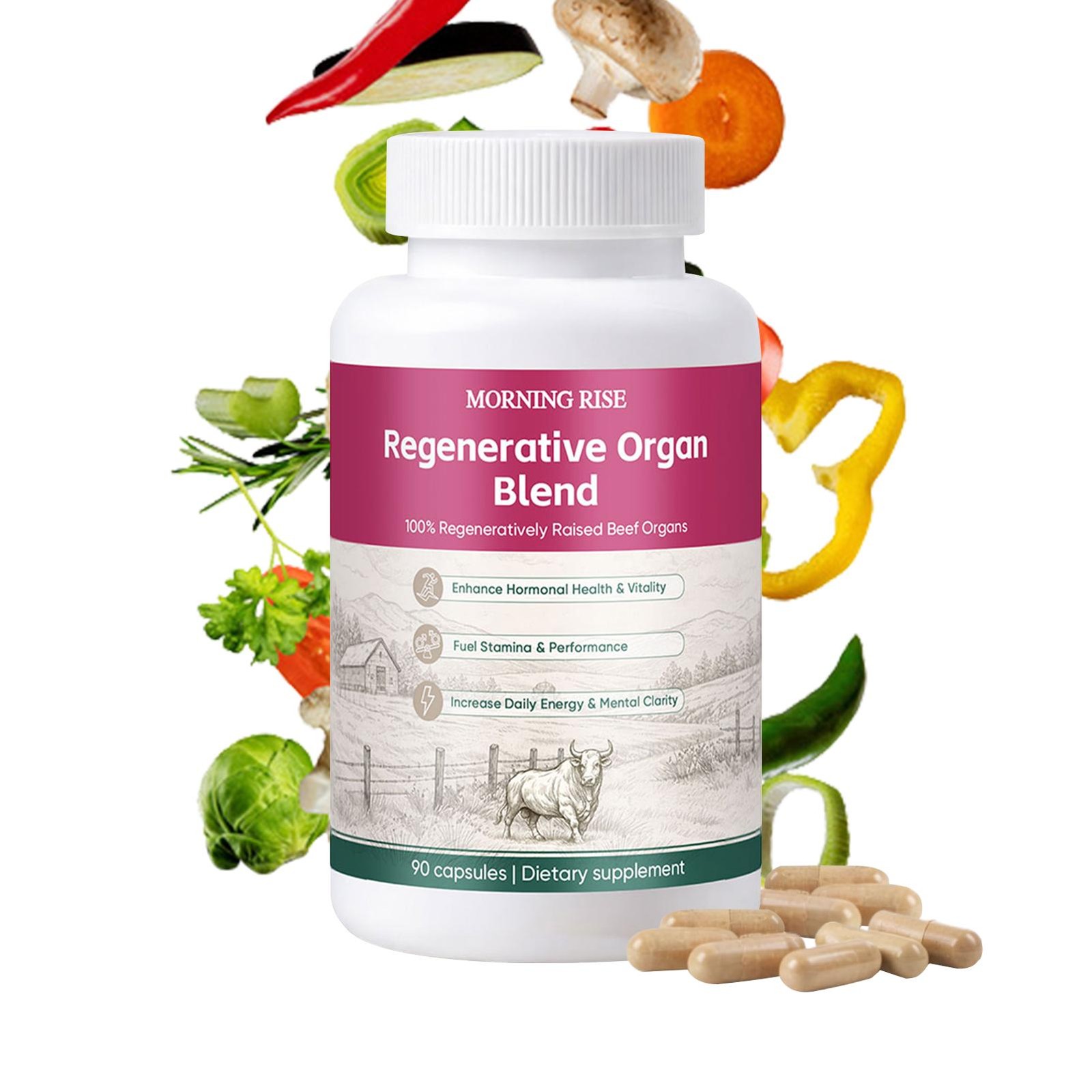 1/2/3x MORNING RISE Beef Organs Capsules 90ct Regenerative Raising Non-GMO