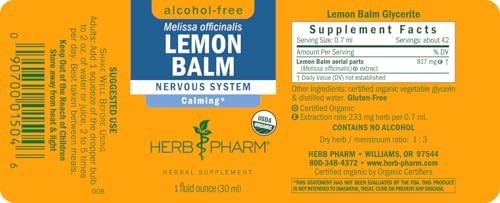 Herb Pharm, Lemon Balm Alcohol Free, 1 Fl Oz 1 (Pack of 1), No Color