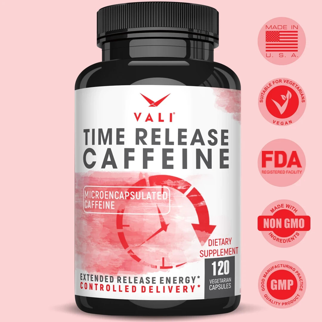 VALI Time Release Caffeine – Microencapsulated Caffeine, 120 Veg Capsules