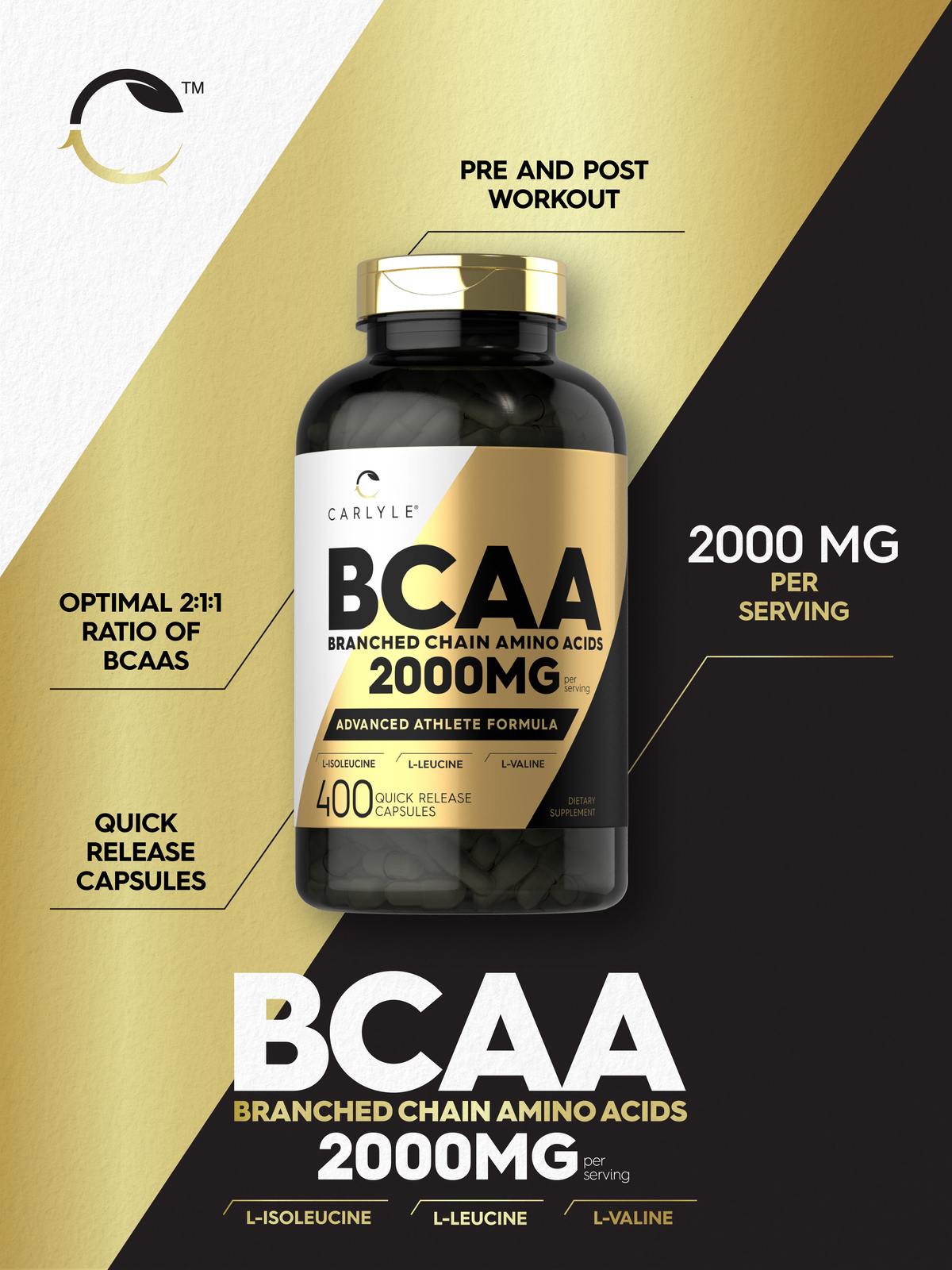 BCAA Amino Acids | 2000mg | 400 Capsules | Branch Chain Amino Acids | Carlyle