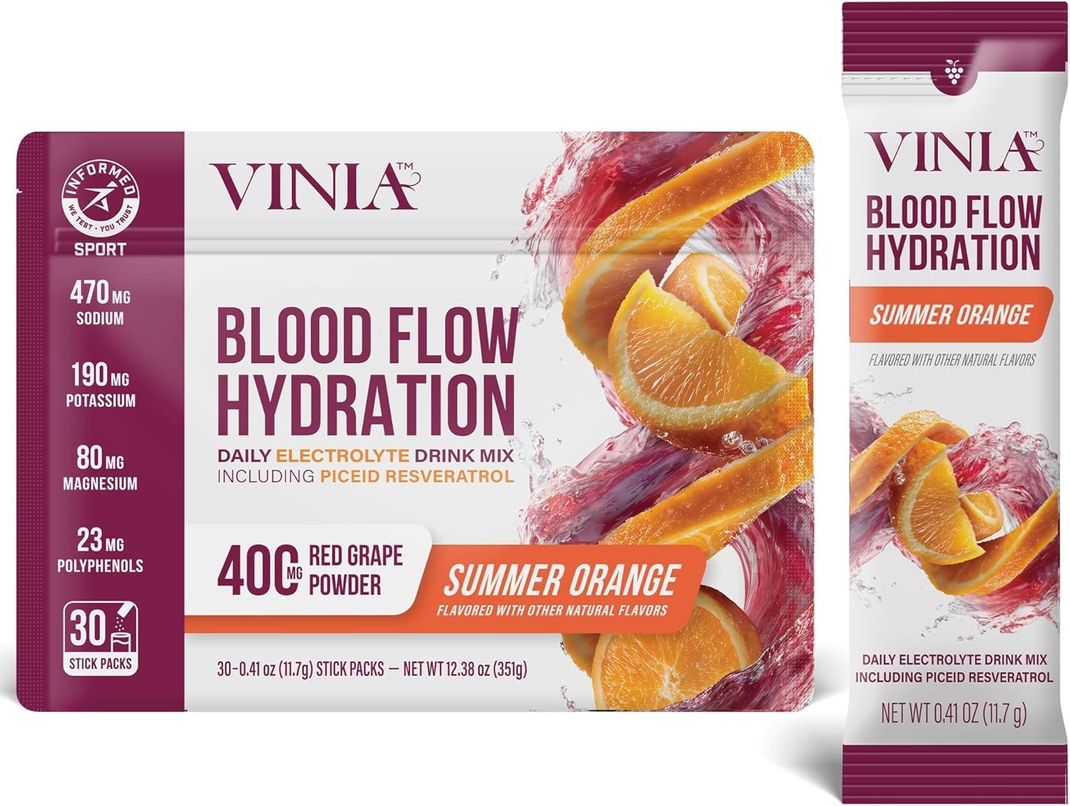 VINIA Resveratrol Electrolyte Hydration Powder Mix Summer Orange Blood Flow