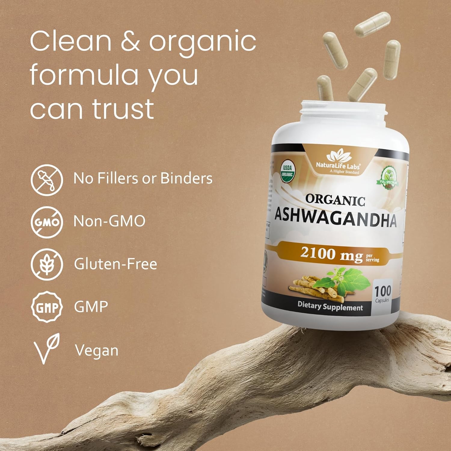 NaturaLife Labs Organic Ashwagandha 2100 mg per Serving – Full Spectrum Root Pow
