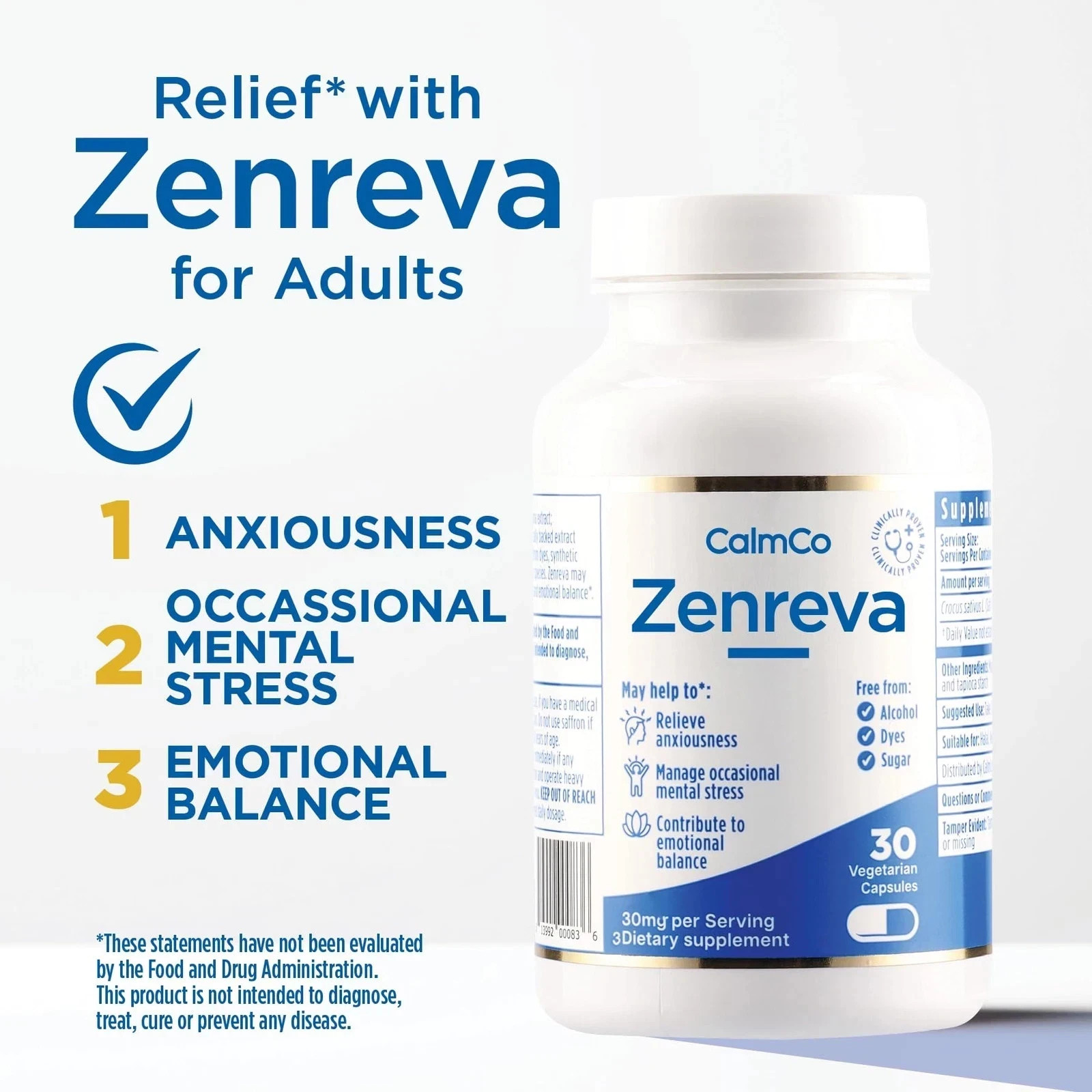 Calmco Zenreva Stress Anxiety Supplement 30 Capsules EXP 01/2027