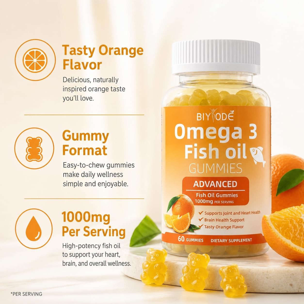 Omega-3 Fish Oil Supplements: Pure 1000mg 60 Count (Pack of 1), Orange