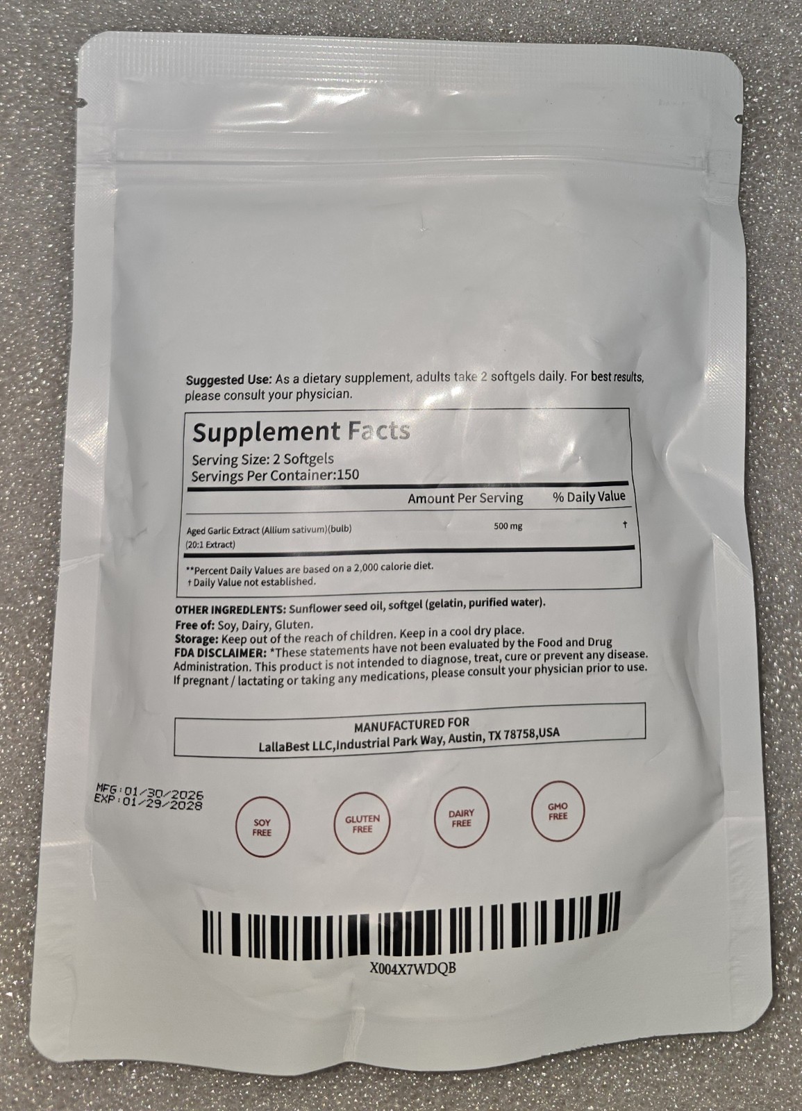 LallaBest 500mg Aged Garlic Extract Softgels 2 Bags 300 Softgels/Bag EXP 01/2028