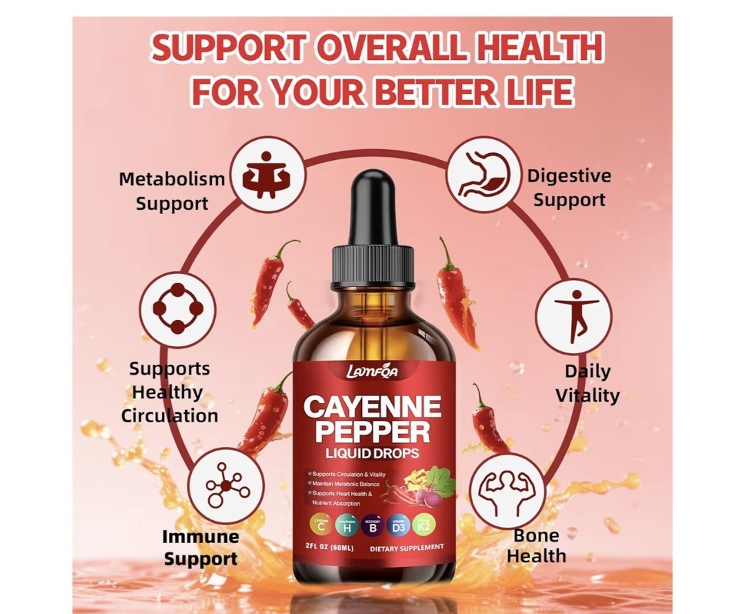 LunfQA Cayenne Pepper Liquid Drops w/ D3 K2 Hawthorn Beet Non-GMO 2 fl oz