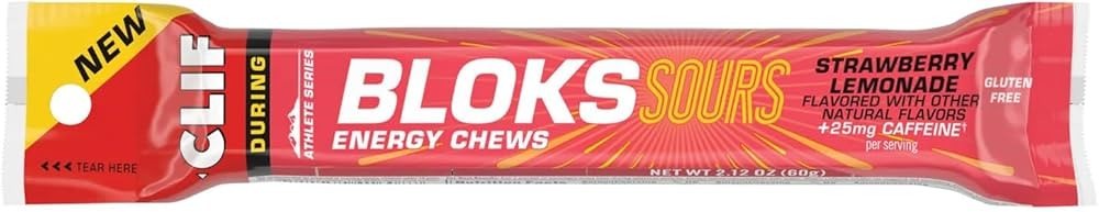 New CLIF Bloks Energy Chews Sour Strawberry Lemonade 25mg Caffein 18 Bars x 60g