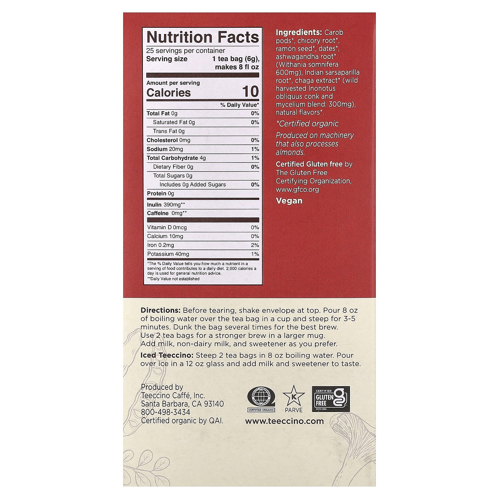 Organic Mushroom Herbal Tea, Chaga Ashwagandha, Butterscotch Cream, Caffeine
