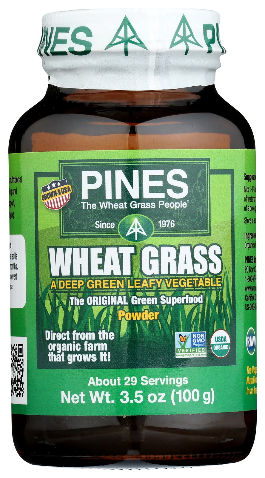 Organic Pines Wheat Grass Powder 3.5 Oz Green Superfood Supplement 1 Pack