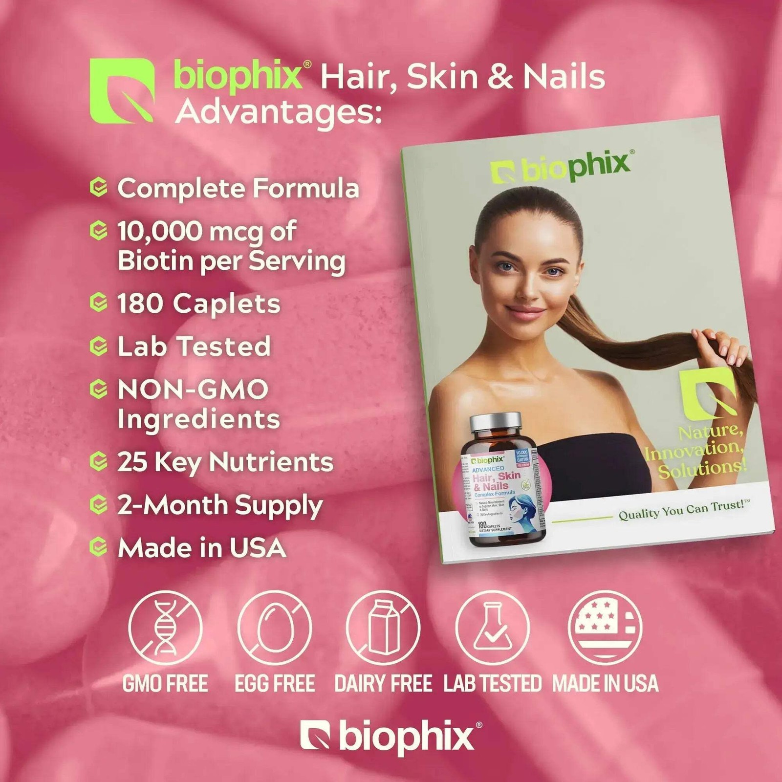 biophix Hair Skin and Nails Complex 180 Caplets with 10,000 mcg Biotin