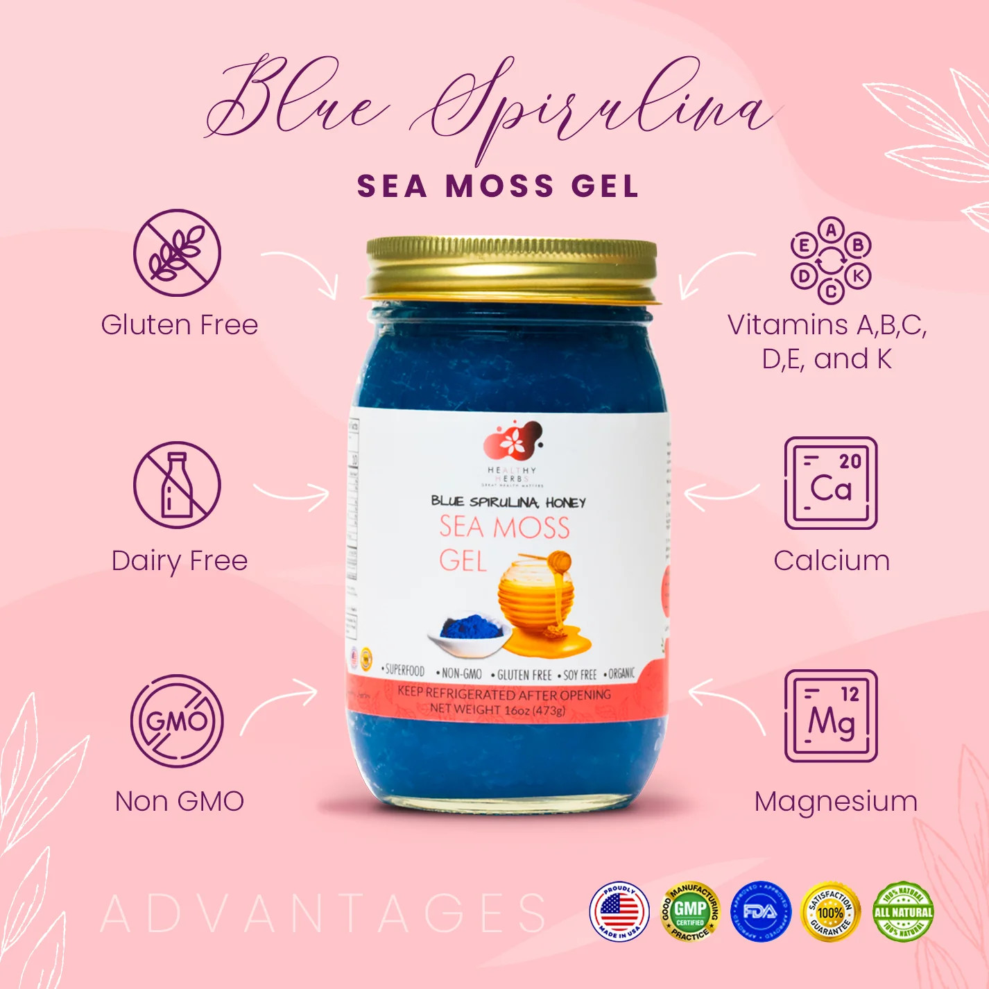 Healthy Herbs | Sea Moss Gel – Blue Spirulina and Honey (16oz)