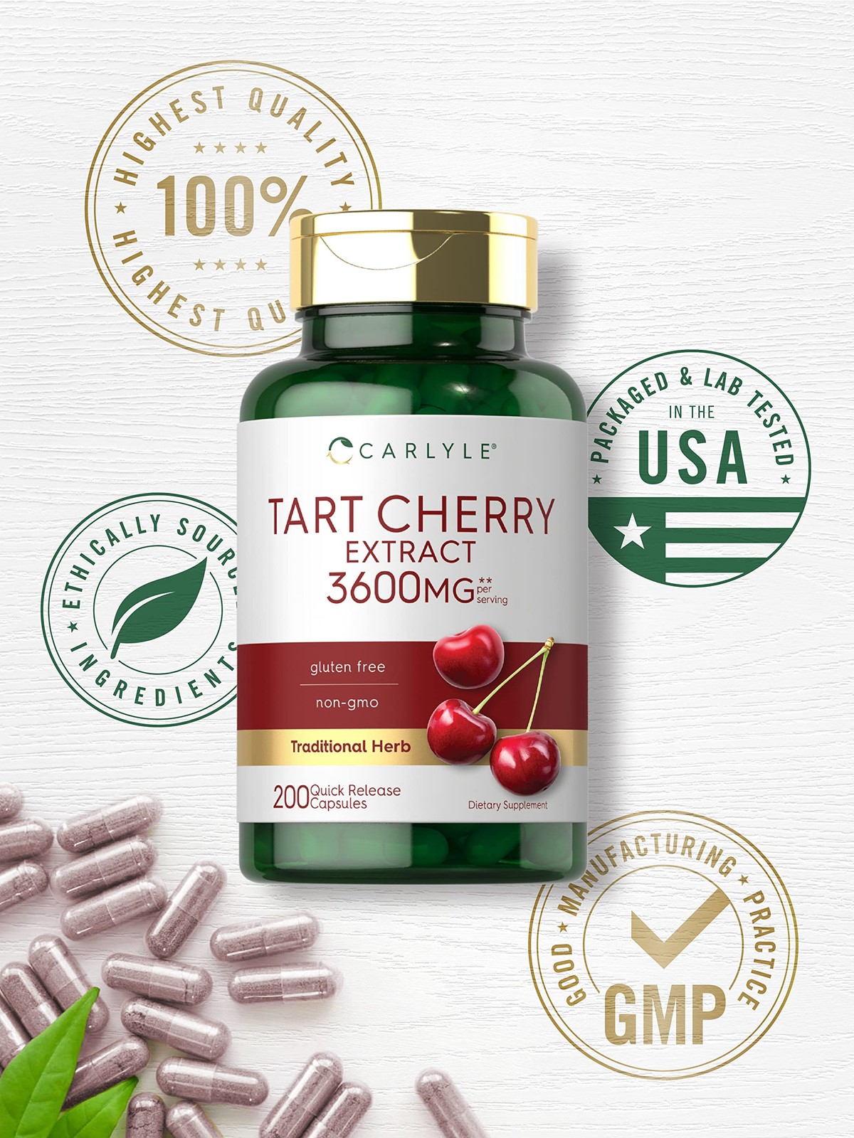 Carlyle Tart Cherry Extract Capsules | 200 Count | 200 (Pack of 1)