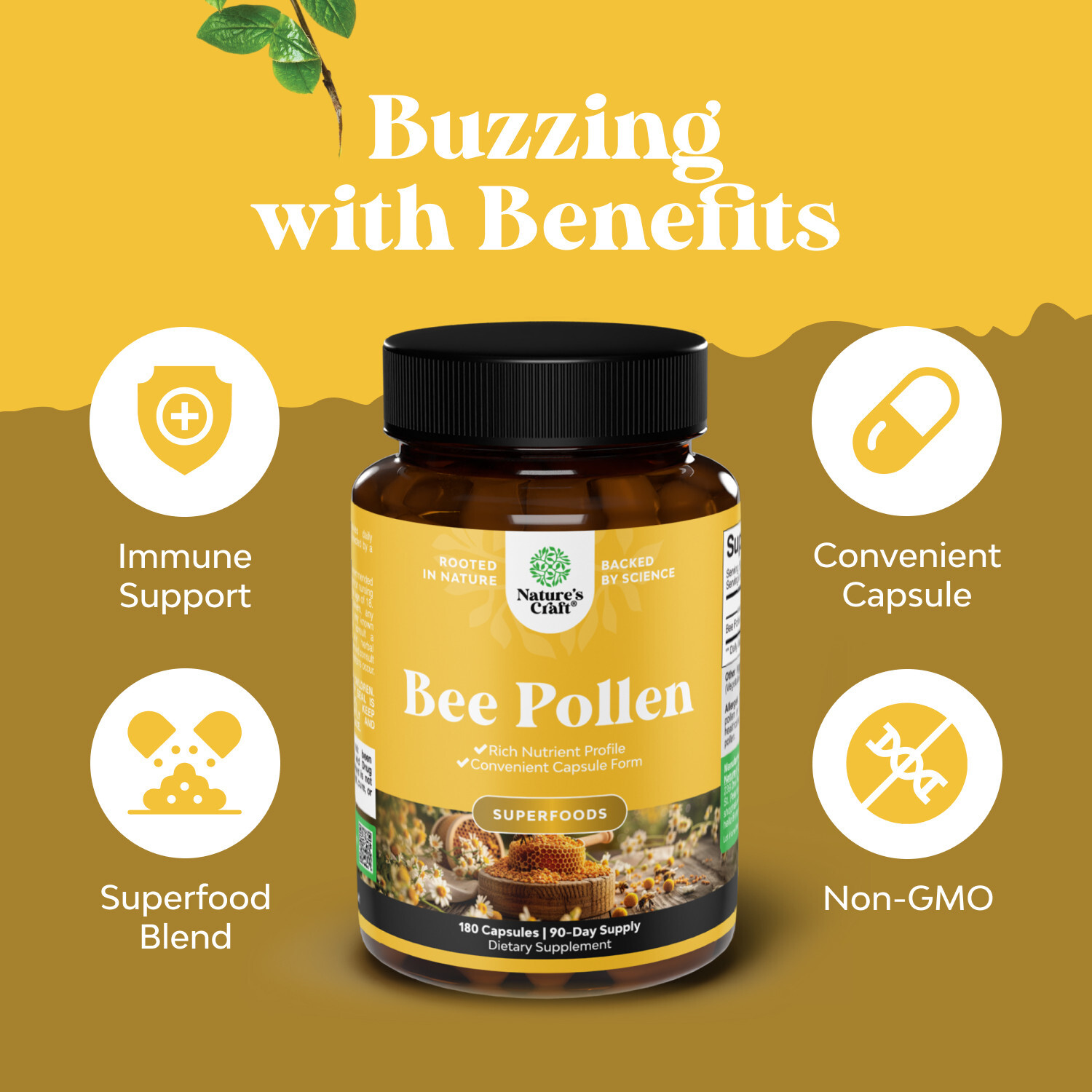 Bee Pollen Supplement 1000mg per Serving – Pure Vegetarian Gluten-Free 180ct
