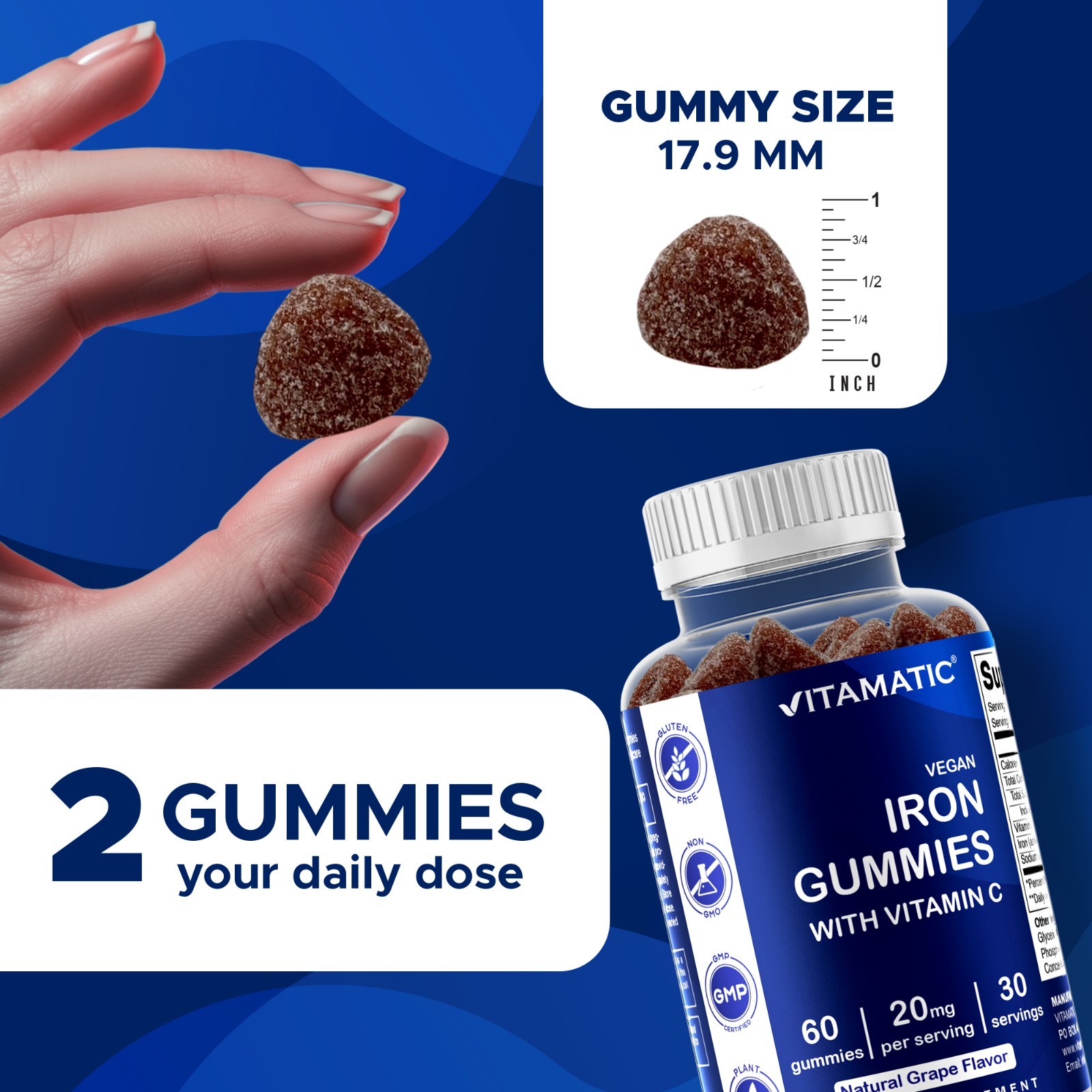 Vitamatic Iron Gummies Supplement – 20mg Serving – 60 Vegan Gummies pack of 3