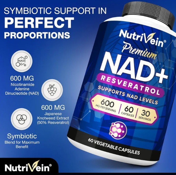 Nutrivein Premium NAD + Resveratrol Supplement 600 mg 30 Servings (60 Capsules)