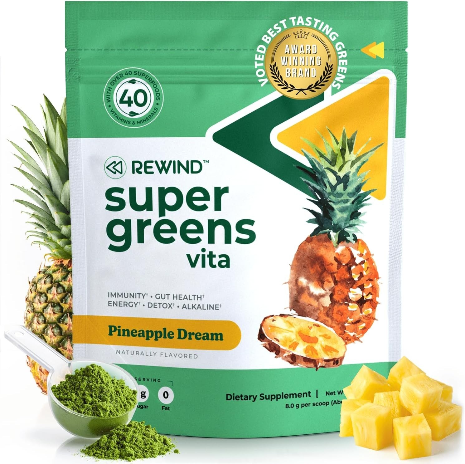 Rewind Super Greens Powder 40+ Superfoods Detox Antioxida,Pineapple Dream Flavor