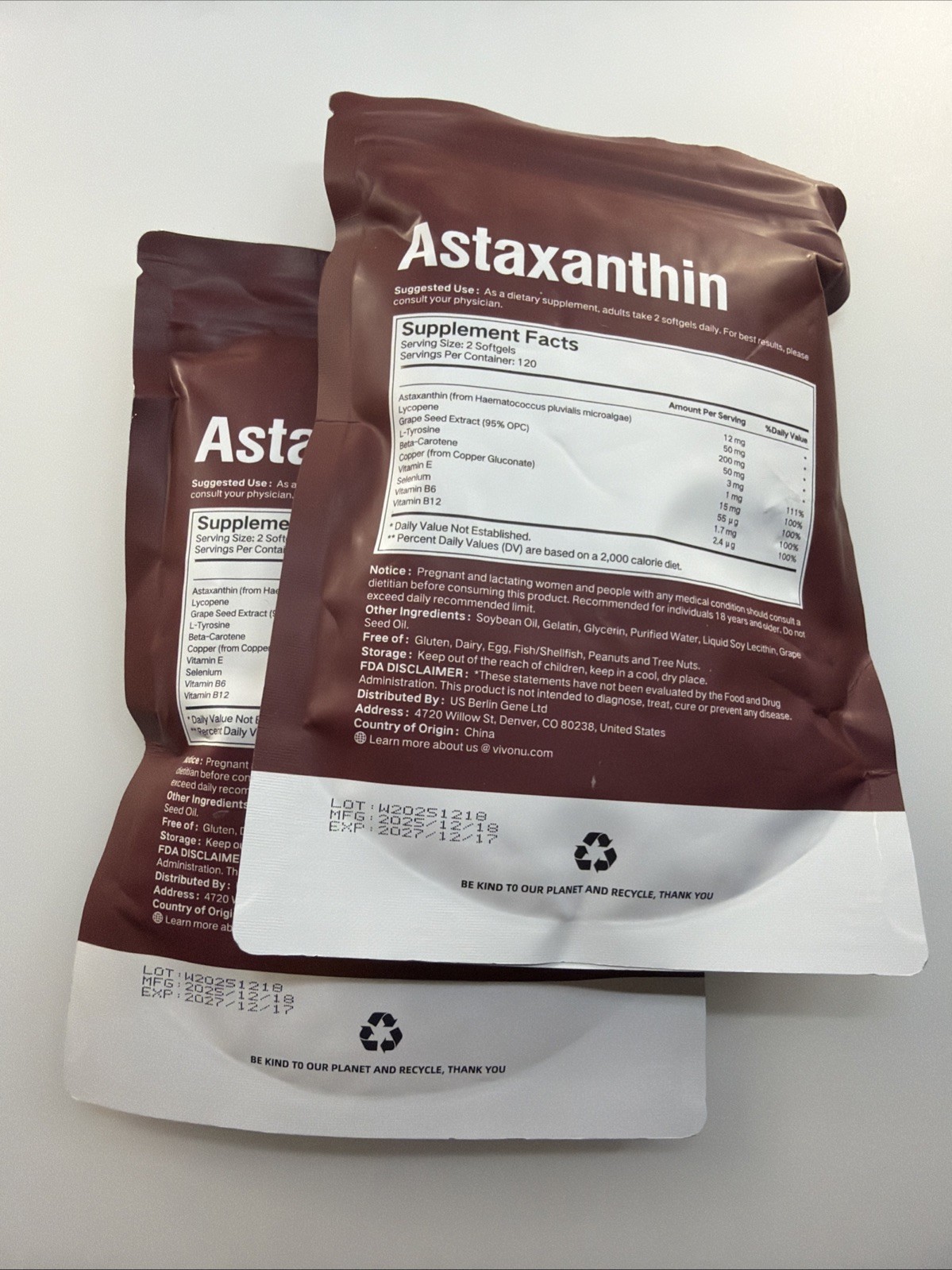 Vivonu Astaxanthin Antioxidant Softgels 12mg 240ct Gluten-Free Exp 12/2027