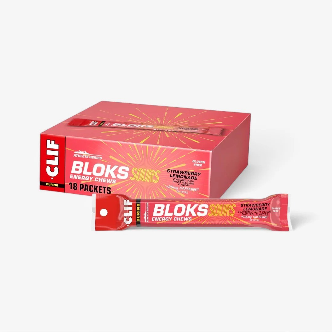 New CLIF Bloks Energy Chews Sour Strawberry Lemonade 25mg Caffein 18 Bars x 60g
