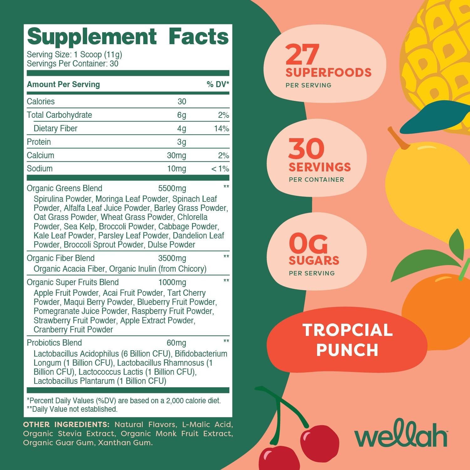 Wellah Leaf, Laugh, Love Greens & Superfoods Powder Mix (Tropical Punch) 30 SERV
