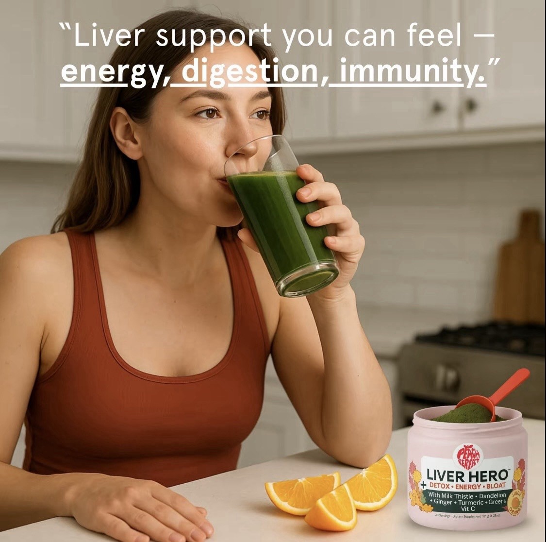 Peach Perfect Liver Hero Detox Energy Bloat Supplement Powder Orange Flavor 120g