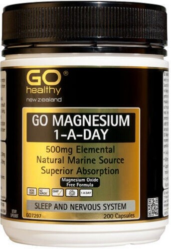 Go Healthy GO Magnesium 500mg 1-A-Day 200 Caps Natural Marine Source made in NZ