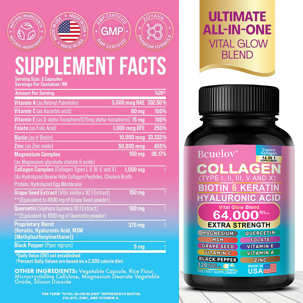 COLLAGEN PEPTIDES Types I,II, III, V, X 64,000mcg Pills Anti-Aging Skin Capsules