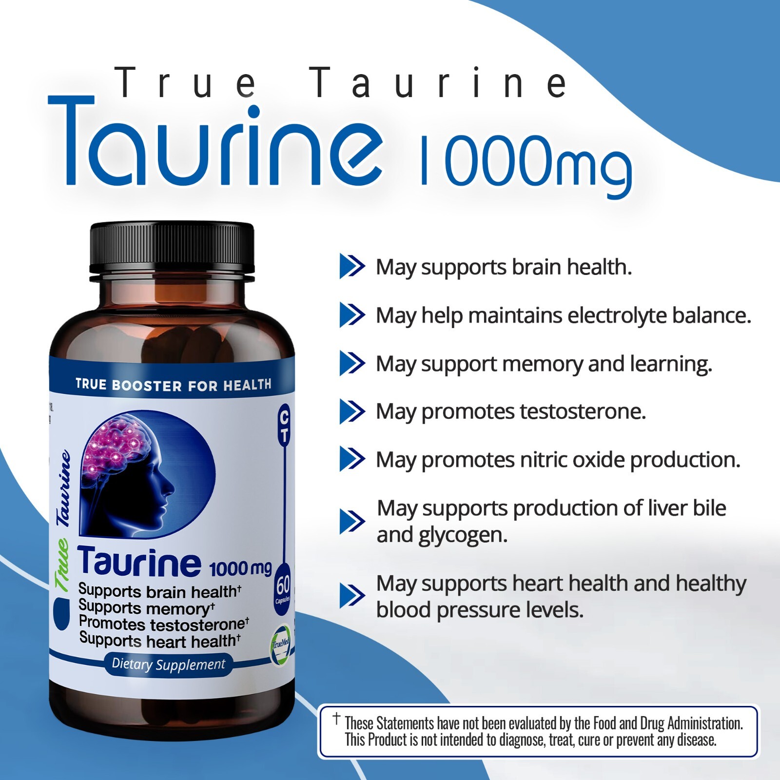 TrueMed Taurine 1000 Mg Supplement 60 Capsules