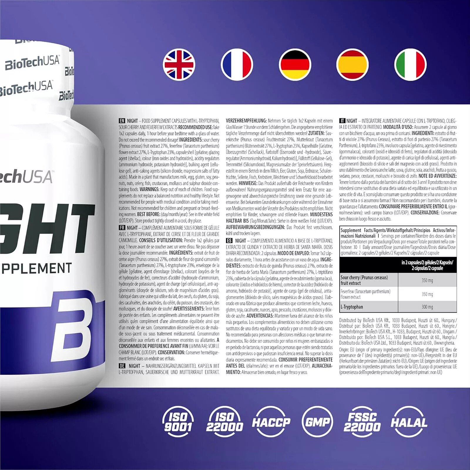 NIGHT – BIOTECH – L-tryptophan, sour cherry and feverfew extract, sleep aid