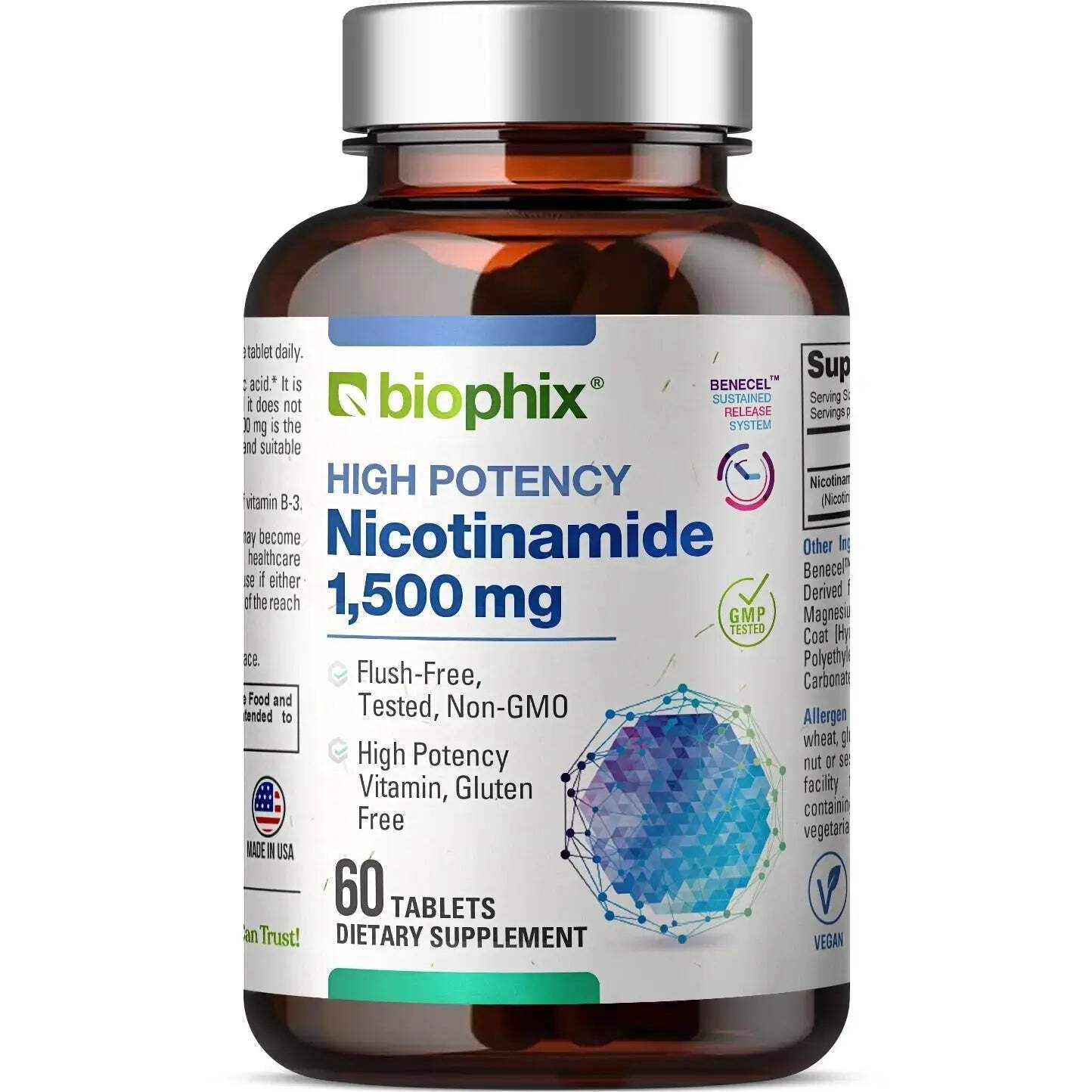 Biophix Nicotinamide Vitamin B-3 Flush Free 1500 mg 60 Sustained Release Tablets