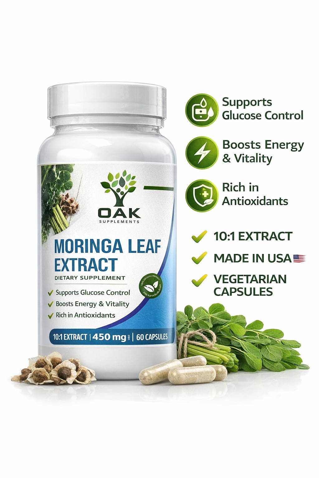 OAK Supplements Moringa Leaf Extract 10:1 450mg 60 Vegetarian Capsules