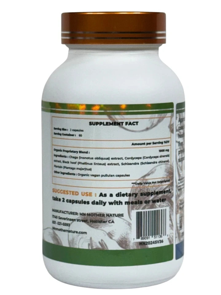Organic Chaga Cordyceps Black Hoof Schisandra Mushrooms & Herbal Blend 120 Caps