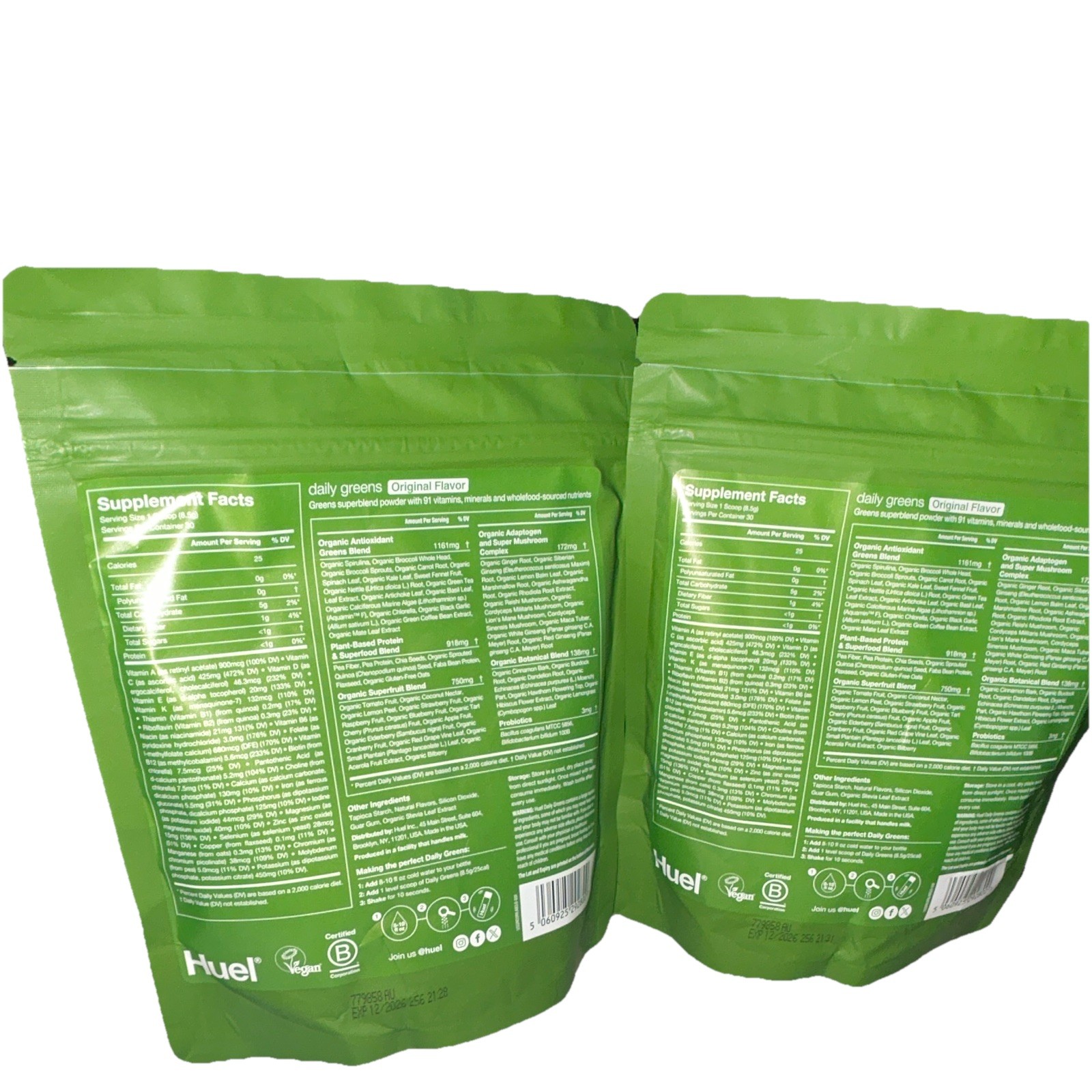 (2) Huel Daily Greens Wholefood Supplement Powder Dairy-Free Original Flavor 9oz