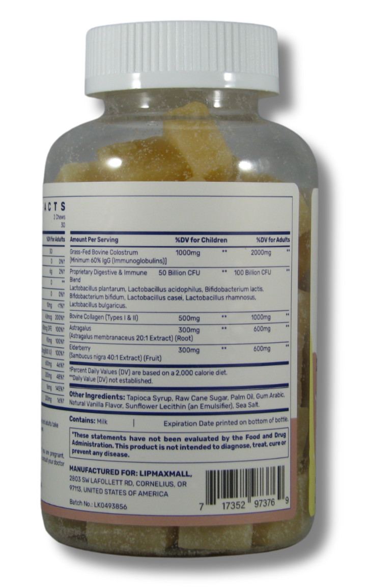 Lipmaxmall Bovine Colostrum Chews Supplement with 60% IgG 120 Soft Chews