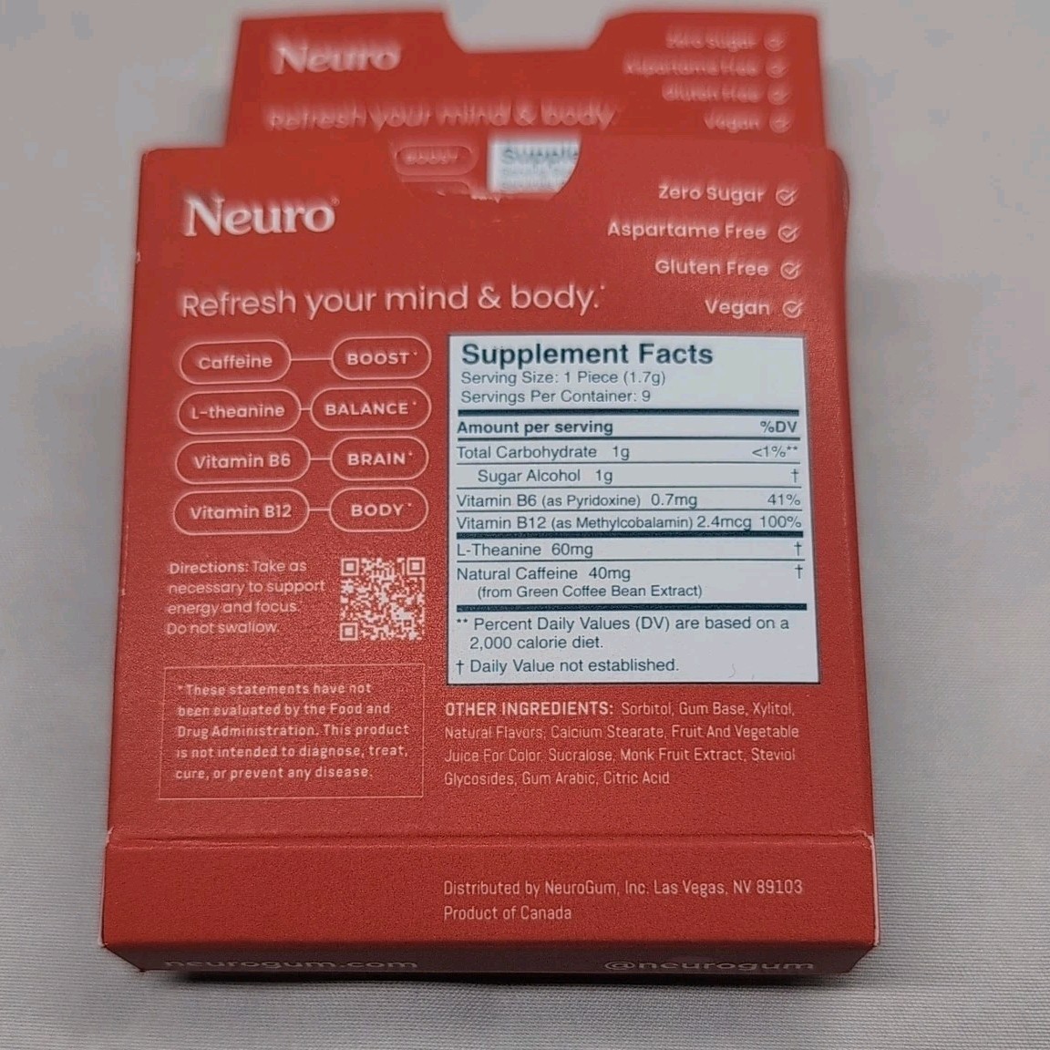 2 Neuro Gum CINNAMON Caffeine B-12, Exp 03/27