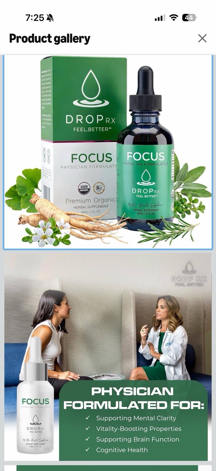 DropRx Focus Liquid Herbal Supplement 60 mL Mental Clarity Vegan Organic