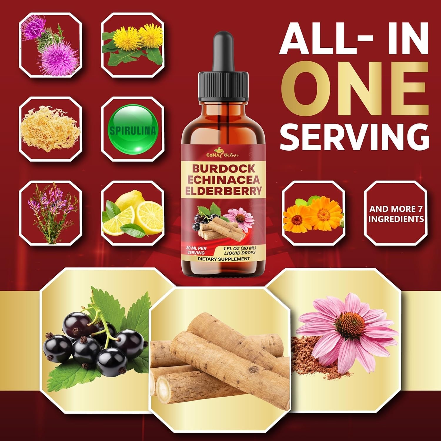 Cona Nature 17-in-1 Burdock Root Liquid Drops w/ Elderberry, Immune Support