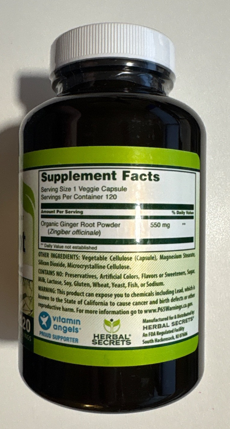 Herbal Secrets Ginger Root 550 mg, 120 Veggie Capsules. 07/2026.