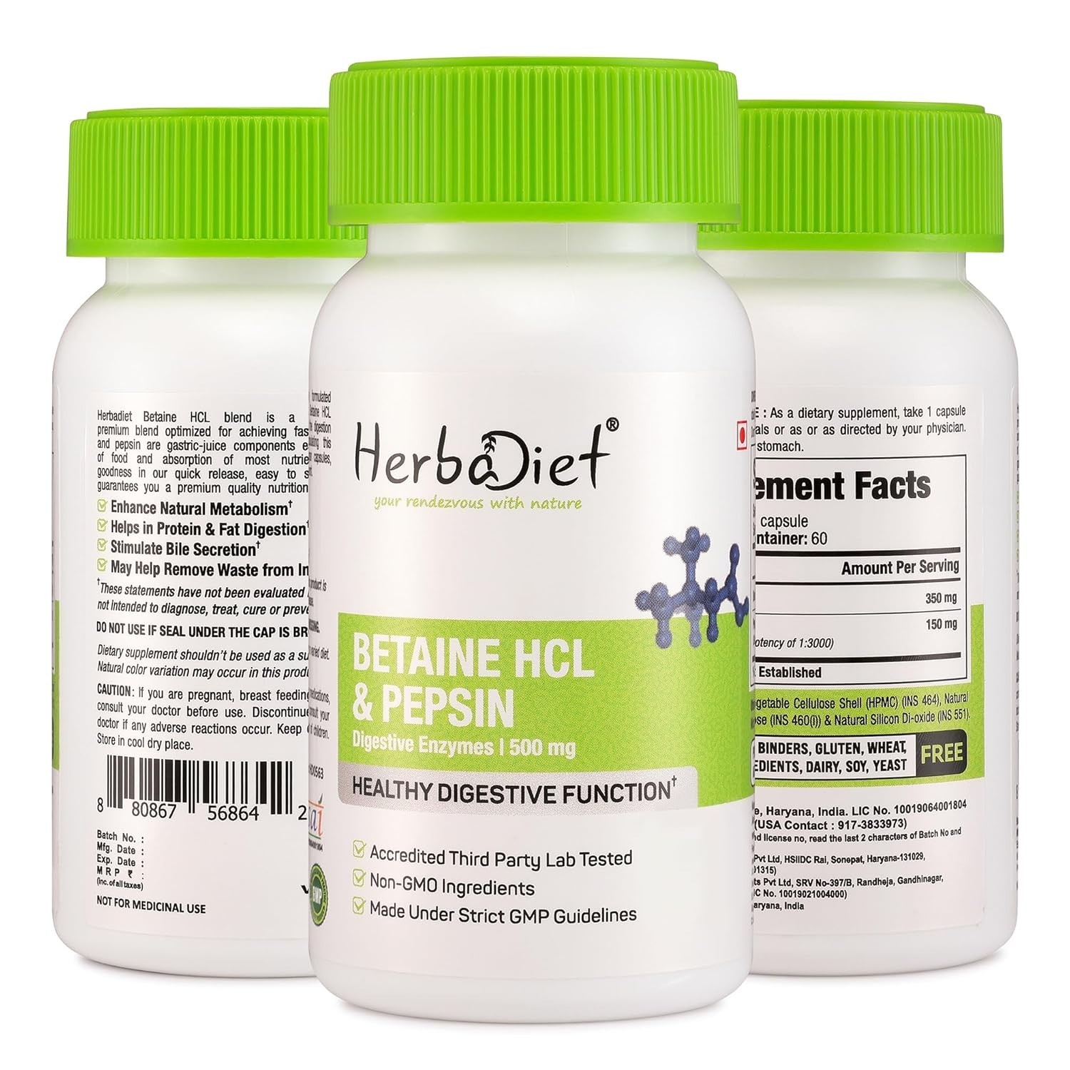 Herbadiet Betaine HCL Pepsin Digestive Aid Gut Health 60 Veg Capsules- FREE SHIP